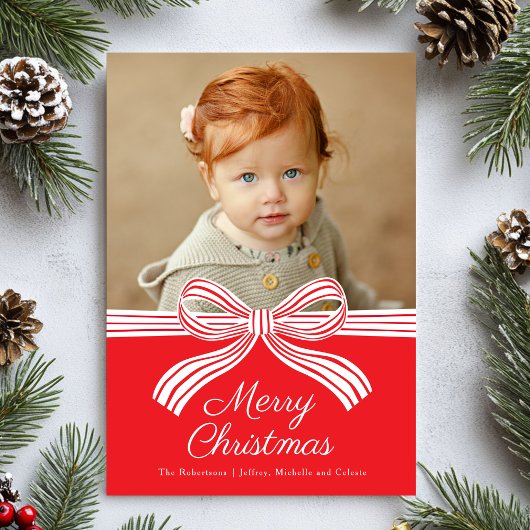 Red and White Bow Flat Christmas Photo Card シーズンカード