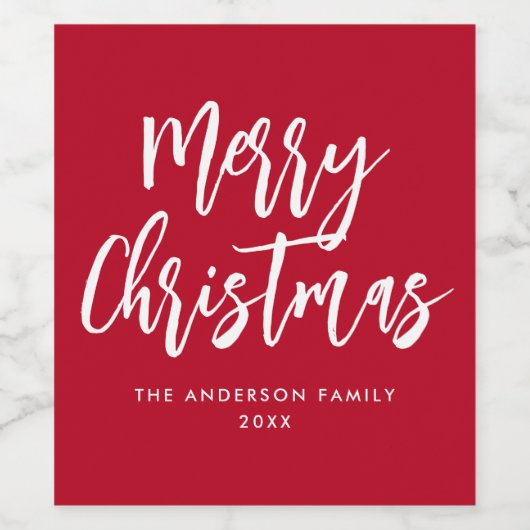 Red and White Brush Script Merry Christmas ワインラベル (シングルラベル)