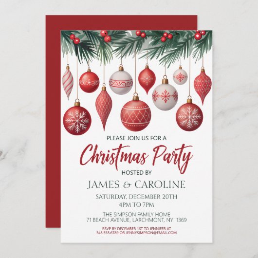 Red and White Christmas Party Invitation 招待状 (正面/裏面)