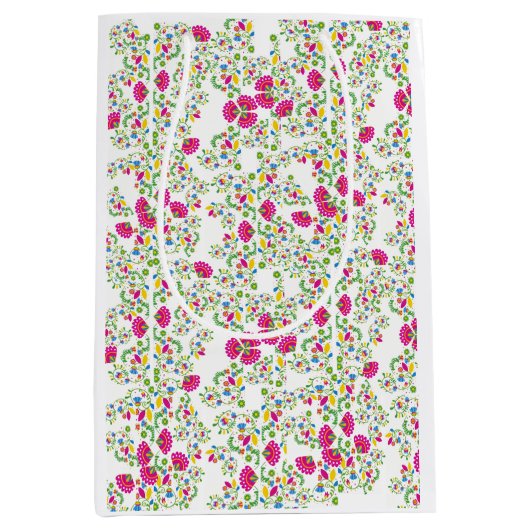 Red and white floral design ミディアムペーパーバッグ (正面)