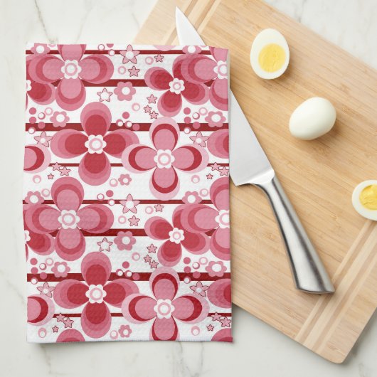 Red and white floral pattern キッチンタオル (四つ折り)