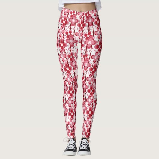 Red and white floral pattern レギンス (正面)