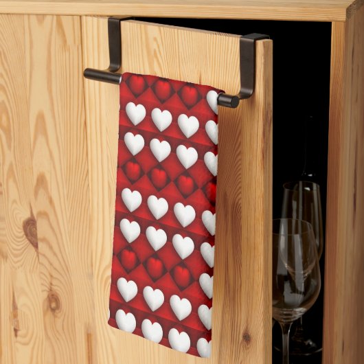 Red And White Heart Pattern キッチンタオル (三つ折り)