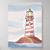 Red and White Lighthouse | Beach Ocean Watercolor ポスター (正面)