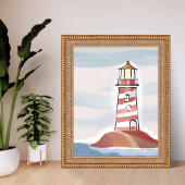 Red and White Lighthouse | Beach Ocean Watercolor ポスター