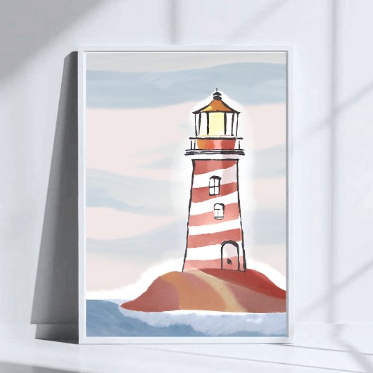 Red and White Lighthouse | Beach Ocean Watercolor ポスター