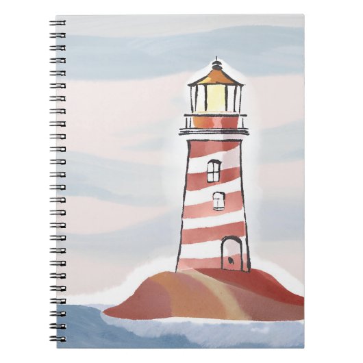 Red and White Lighthouse | Beachy Ocean Watercolor ノートブック (正面)