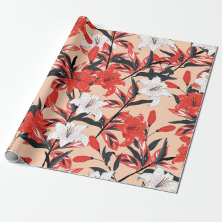 Red and white Lily flowers botanical seamless patt ラッピングペーパー