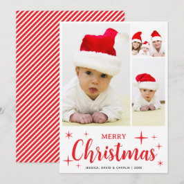 Red and White Merry Christmas Family Photo Collage シーズンカード