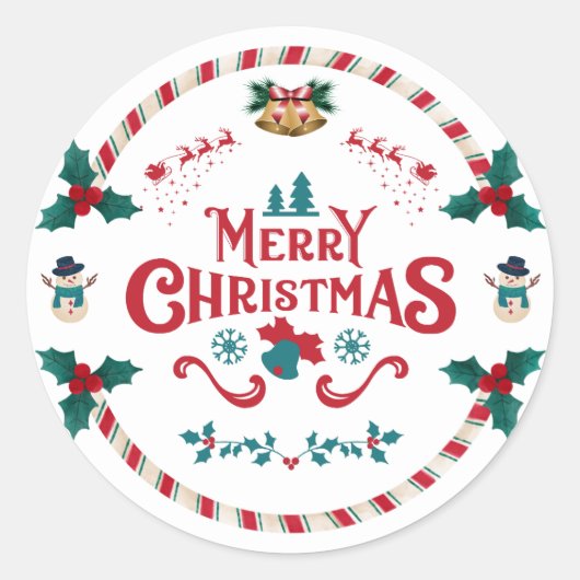 Red and White Modern Illustrative Merry Christmas  ラウンドシール (正面)