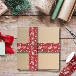 Red and White Nordic Heart Christmas Tree グログランリボン