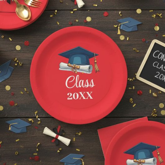 Red and White Personalized Class Graduation Paper  ペーパープレート