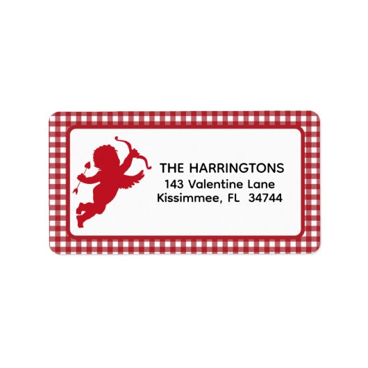 Red and White Plaid Gingham Valentine Cupid ラベル (正面)