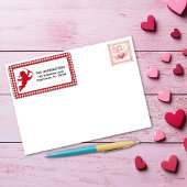 Red and White Plaid Gingham Valentine Cupid ラベル