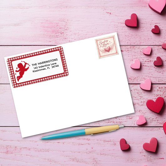 Red and White Plaid Gingham Valentine Cupid ラベル