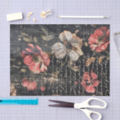 Red and White Poppies and Text on Black BG Tissue 薄葉紙 (クラフト)