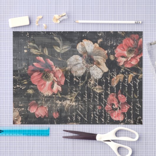 Red and White Poppies and Text on Black BG Tissue 薄葉紙 (クラフト)