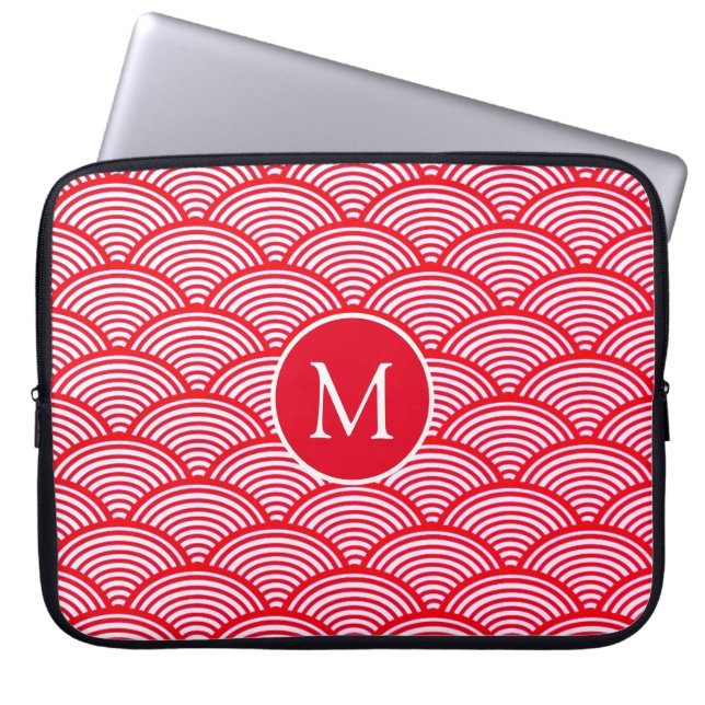 Red and White Scallop Pattern Monogram ラップトップスリーブ (正面)