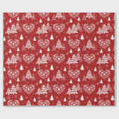 Red and White Scandinavian Heart & Christmas Tree ラッピングペーパー (フラット)