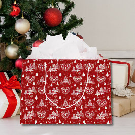 Red and White Scandinavian Heart & Christmas Tree ラージペーパーバッグ