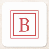 Red And White Square Border Monogram  スクエアペーパーコースター (正面)