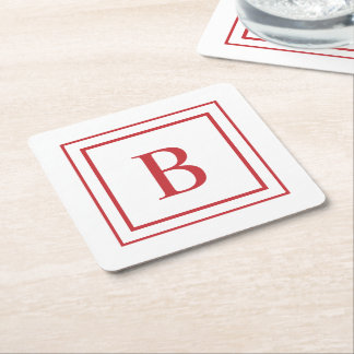 Red And White Square Border Monogram  スクエアペーパーコースター