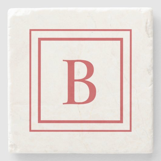 Red And White Square Border Monogram  ストーンコースター (正面)