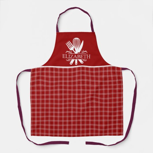 Red and White Tartan Plaid Pattern エプロン (正面)