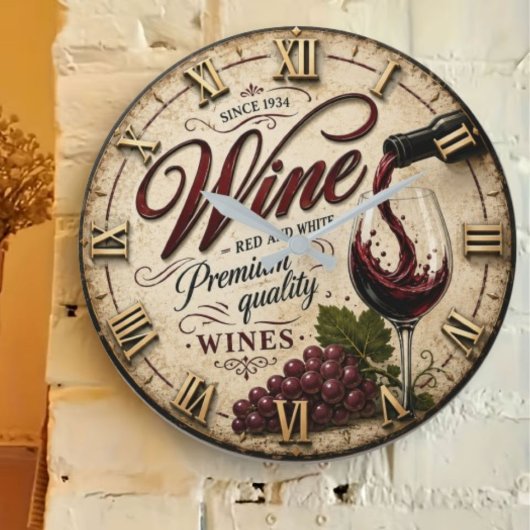 Red and White Wine Rustic Vineyard Kitchen ラージ壁時計