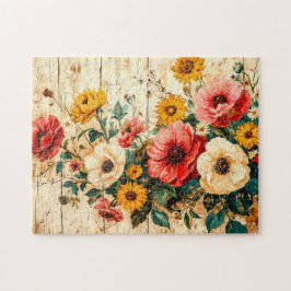 Red and Yellow Garden Flowers on Wood ジグソーパズル