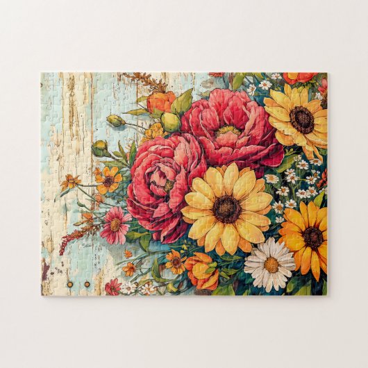 Red and Yellow Garden Flowers on Wood ジグソーパズル (横)