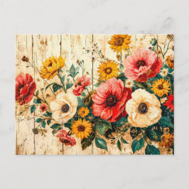 Red and Yellow Garden Flowers on Wood ポストカード