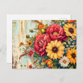 Red and Yellow Garden Flowers on Wood ポストカード (正面/裏面)