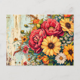 Red and Yellow Garden Flowers on Wood ポストカード