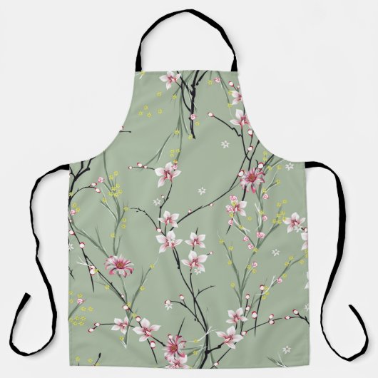 red and yellow small flower pattern on green backg エプロン (正面)