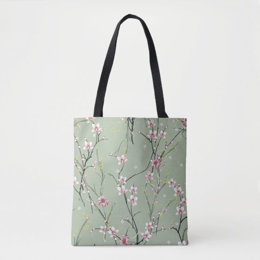 red and yellow small flower pattern on green backg トートバッグ (正面)