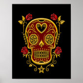 Red and Yellow Sugar Skull with Roses on Black ポスター (正面)