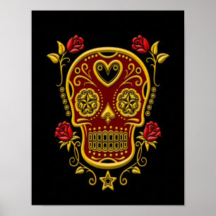 Red and Yellow Sugar Skull with Roses on Black ポスター