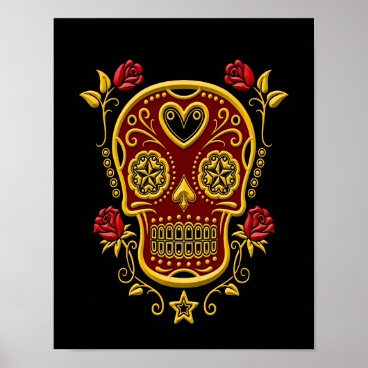 Red and Yellow Sugar Skull with Roses on Black ポスター (正面)