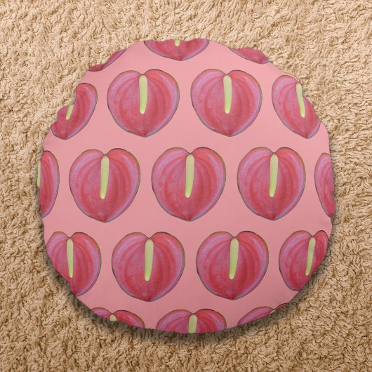 Red Anthurium Flower Seamless Pattern on ラウンドクッション