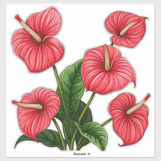 Red Anthurium Flowers with Green Leaves シール (シート)