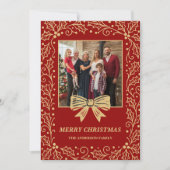 Red & Antique-Gold Bow Family Christmas Photo シーズンカード (正面)