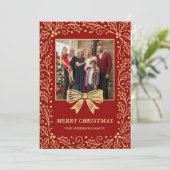 Red & Antique-Gold Bow Family Christmas Photo シーズンカード (スタンド正面)