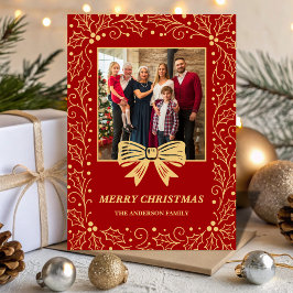 Red & Antique-Gold Bow Family Christmas Photo シーズンカード