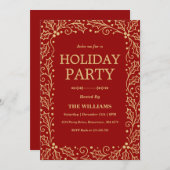 Red & Antique-Gold Holiday Christmas Party 招待状 (正面/裏面)