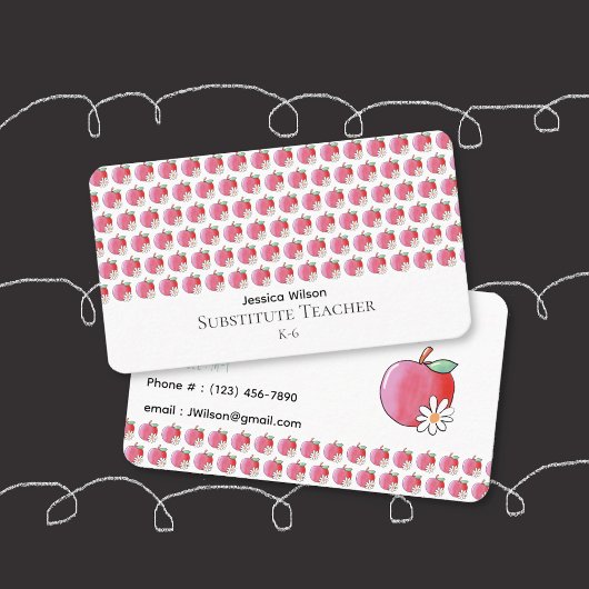 Red Apple and Daisy Pattern Teacher Business Card 名刺