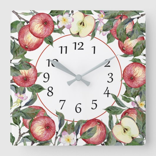 Red Apple Blossoms Green Leaves Wall Clock スクエア壁時計 (正面)