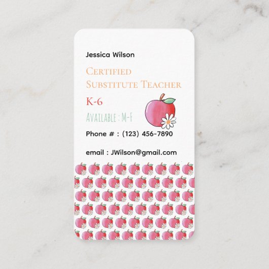 Red Apple Daisy Pattern Sub Vertical Business Card 名刺 (裏面)