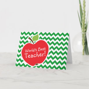 Red Apple on Retro Kelly Green Chevron Stripes カード