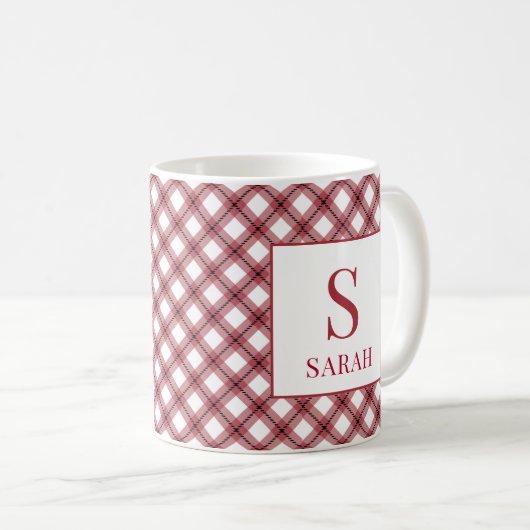 Red Argyle Plaid Monogram Name コーヒーマグカップ (正面右)